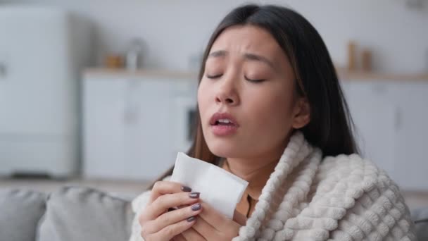 Sick Asian Woman Covered Blanket Sneezing Paper Napkin Sneeze Runny — стоковое видео
