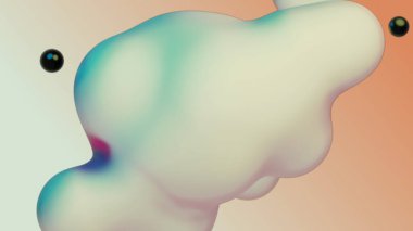 Liquid fluid dynamic abstract animated white metaball floating spheres blobs drops bubbles in transition deformation beige background with black little pearls 3d render for presentation business adds