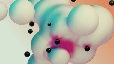 Liquid fluid dynamic abstract animated white metaball floating spheres blobs drops bubbles in transition deformation beige background with black little pearls 3d render for presentation business adds