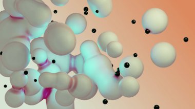 Liquid fluid dynamic abstract animated white metaball floating spheres blobs drops bubbles in transition deformation beige background with black little pearls 3d render for presentation business adds