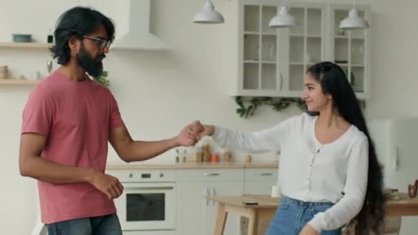 Indian Man Dancing Arabian Woman Home Boyfriend Spin Girlfriend Two — Stock Video