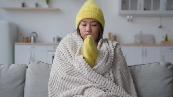 Congelado Enfermo Asiático Mujer Sufrir Frío Baja Temperatura Casa Sentir — Vídeos de Stock