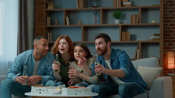 Overjoyed Football Fans Friends Diverse Women Men Watch Television Couch — Stock Video