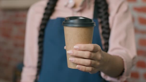 Close Unrecognizable Woman Barista Waitress Apron Holding Disposable Paper Cup — Stock Video