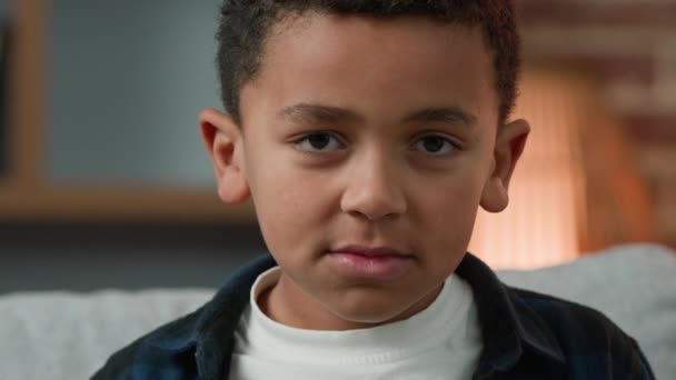Portrait Sad Cute Little African American Boy Looking Look Camera — Stock Video
