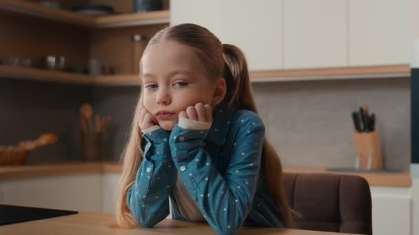 Moving Camera Portrait Sad Little Offended Caucasian Child Girl Kid — Stock Video