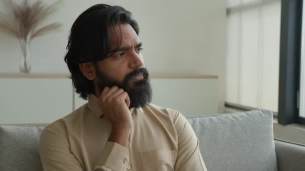 Thoughtful Man Arabian Muslim Guy Think Idea Indian Male Homeowner — Stock Video