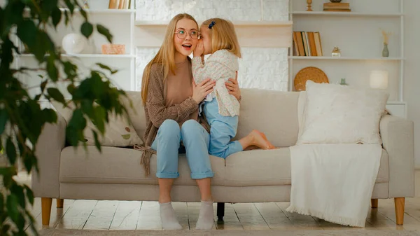 Caucasian Family Living Room Woman Mother Babysitter Listen Secret Little — Stock Photo, Image