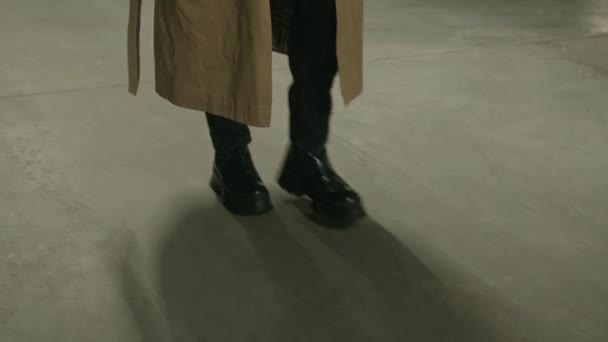 Cropped Shot Woman Legs Black Leather Shoes Casual Coat Unrecognizable — Stock Video