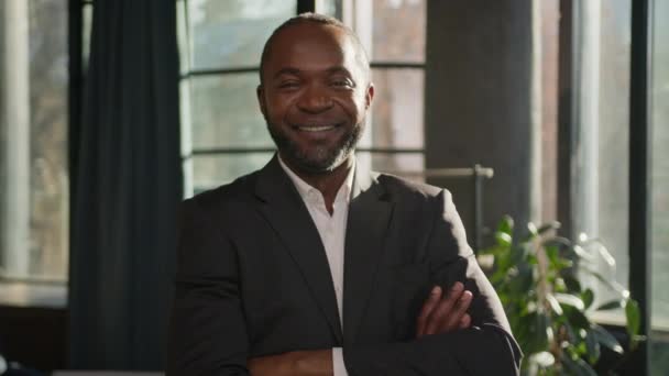 기사보기 아프리카 미국인 미국인 사업가 사업가 주인밝은 사무실에 실내에서 웃으며 — 비디오