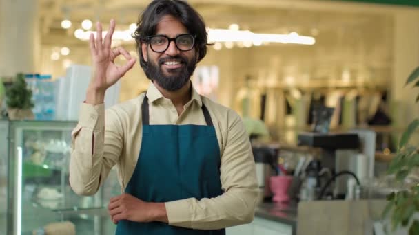 Porträt Lächelnd Glücklich Kleinunternehmer Indischen Arabischen Mann Muslimischen Caféarbeiter Posiert — Stockvideo