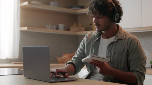 Indian Man Headset Look App Browsing Typing Laptop Write Ideas — Stock video