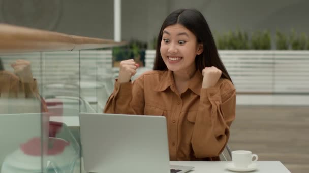 Happy Shocked Asian Woman Businesswoman Sit Cafe Laptop Surprised Chinese — Stock Video