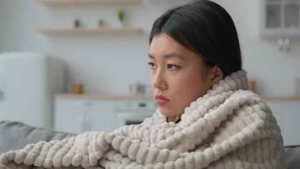 抑圧された動揺孤独なアジアの女性の側に見えるだけで家庭の台所で毛布で中国人の日本人の女の子カバー無気力な悲しみうつ病に苦しむと思う憂うつな孤独の懸念深い思考 — ストック動画