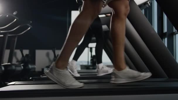 Närbild Fötter Löpning Löpband Fitness Gym Atletiska Människor Löpare Kvinna — Stockvideo