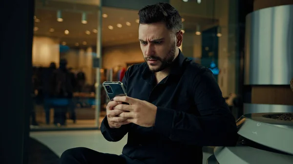 Disappointed Upset Annoyed Man Businessman Male Employee Use Phone Gadget — Stock Photo, Image