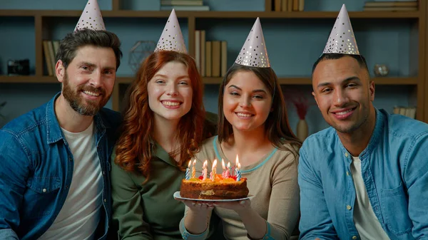 Friends Party Caps Celebrate Festive Event Home Diverse Multiracial People — Foto de Stock