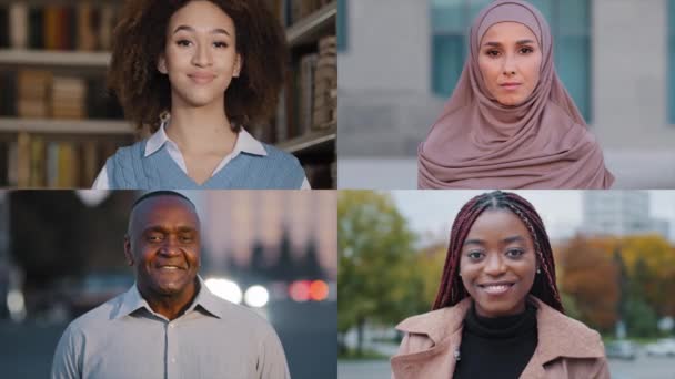 分屏拼贴多样化的非洲裔美国人阿拉伯裔多种族微笑的男人和女人快乐的多种族人男性不同年龄的女人看相机多屏幕的多种族人士 — 图库视频影像
