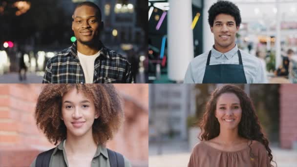 Collage Pantalla Dividida Retrato Diverso Afroamericano Árabe Jóvenes Hombres Mujeres — Vídeos de Stock