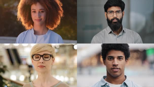 Split Screen Collage Portrait Diverse Multiethnische Menschen Diversität Afrikanisch Amerikanisch — Stockvideo