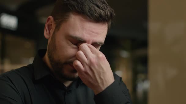 Close Anxious Stressed Caucasian Man Tired Upset Guy Rub Dry — Stock Video