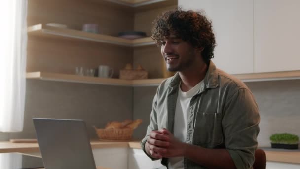 Happy Smiling Indian Man Has Online Meeting Video Call Speak — Stock Video