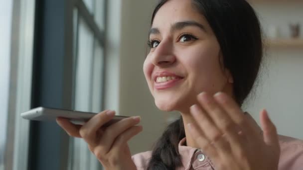Close Arabian Woman Record Voice Message Speaker Phone Talking Use — Vídeos de Stock