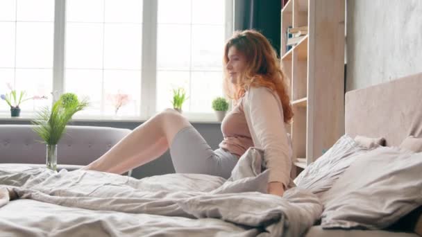 Happy Wellbeing Caucasian Woman Healthy Girl Waking Tranquil Morning Cozy — Stock Video