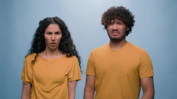 Bad Smell Reaction Multiracial Diverse Couple Indian Arabian Man Hispanic — Stock Video