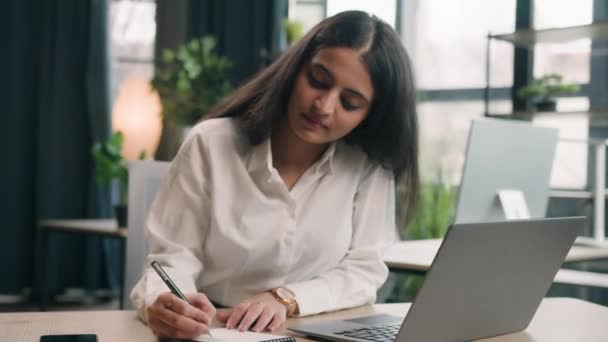 Multiracial Student Girl Studying Online Serious Businesswoman Office Writing Notes — Stock Video