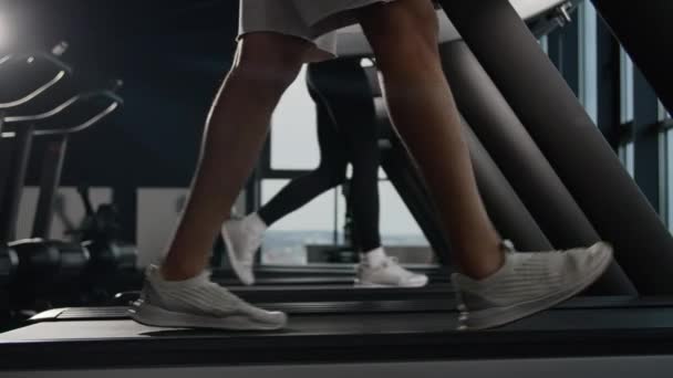 穿着运动鞋的侧视腿在健身馆的跑步机上行走不认识的女人和男人步行运动人们跑步时踩着跑步机慢步步伐有氧运动健康的生活方式 — 图库视频影像