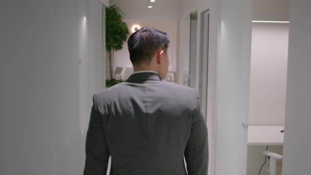 Back View男性従業員がオフィス廊下で会う上で歩くプロのビジネスマンビジネスセンターの廊下で行く大人Ceo正式な訴訟で雇用者認識できない男一人で歩く — ストック動画