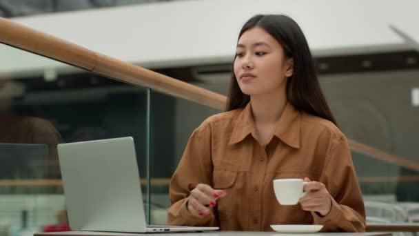 Asyalı Kadın Kadını Internet Üzerinden Gülümseyen Koreli Öğrenci Kafede Bilgisayar — Stok video