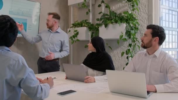 办公室团队领袖人物导师展示图表财务增长图片说明互动董事会不同的商人和穆斯林商人妇女在希贾布讨论项目小组会议 — 图库视频影像