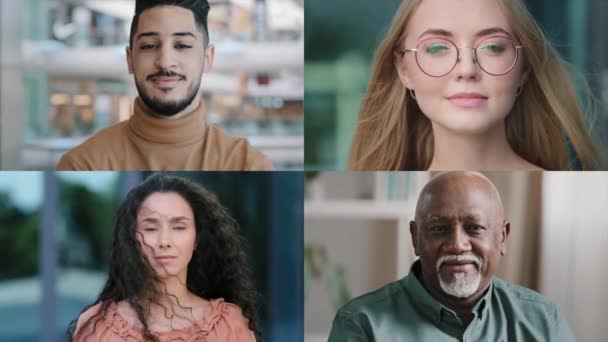 分屏拼贴肖像画自信快乐多样的不同的人多种族的非洲裔美国白人阿拉伯裔男性女性年轻而成熟的客户消费者看相机多屏蒙太奇 — 图库视频影像