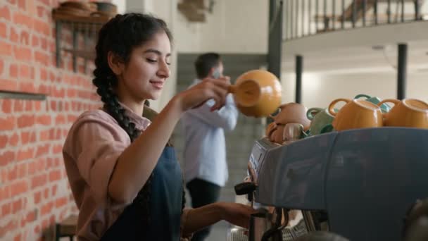Arabian Woman Girl Waitress Barista Apron Making Cup Fresh Coffee — Stock Video