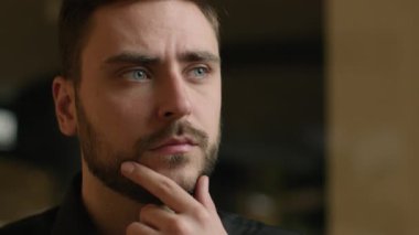 Thoughtful Caucasian man close up portrait pensive businessman think deep thoughts dreaming guy ceo executive entrepreneur look away consider thinking business idea question ponder solution in office
