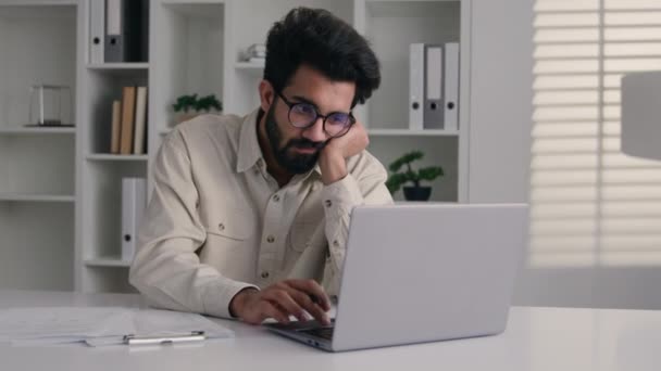 Tired Arabian Muslim Man Overworked Laptop Remote Job Drowsy Exhausted — стокове відео
