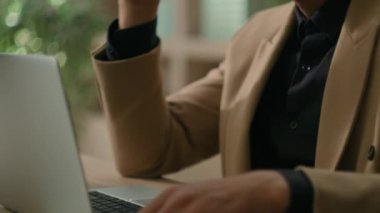 Business man African American businessman writer entrepreneur office worker employer working with laptop studying online satisfied good job project achievement happy male thinking guy smiling dreaming