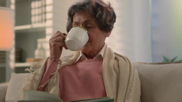 소파에 담요를 소파에서 마시며 즐기고 코카서스 할머니 퇴직자인 할머니는 소파에서 — 비디오