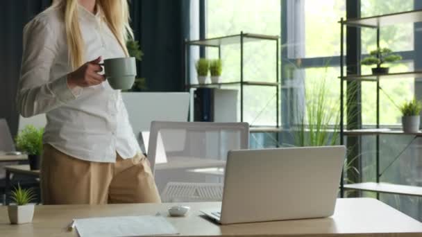 Kaukasische Geschäftsfrau Ins Büro Kommen Sitzen Desktop Weibliche Manager Programmiererin — Stockvideo