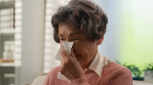 Caucasian Sick Grandmother Unwell Senior Woman Home Unhealthy Old Female — Stock Photo, Image
