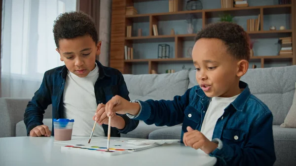 Two Little Children Boys Painting Home Together Ethnic Brothers African — Stock Photo, Image