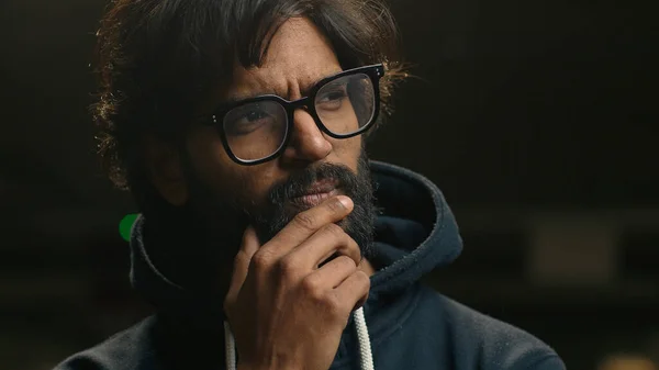 Close Indian Pensive Man Eyeglasses Thinking Looking Side Rubbing Chin — Stock Fotó