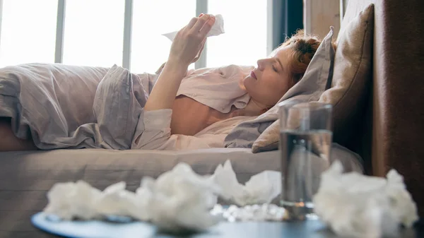 Caucasian Ill Upset Sick Unhealthy Unwell Woman Blowing Running Nose — Stock Photo, Image