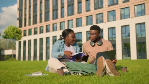 Dwóch Przyjaciół Afroamerykanie Etniczni Studenci Siedzi Zielonej Trawie Łąka Trawnik — Wideo stockowe