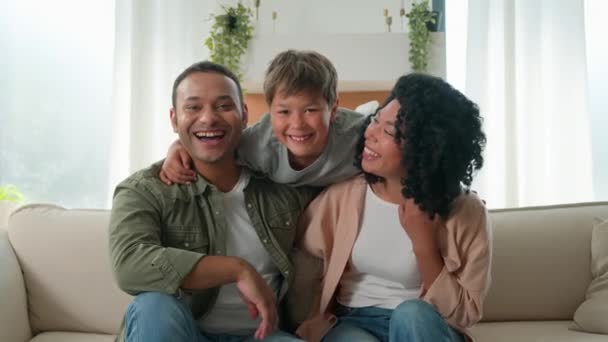Happy Family Portrait Caucasian Little Boy Loving Child Hugging Multiracial — Stock Video
