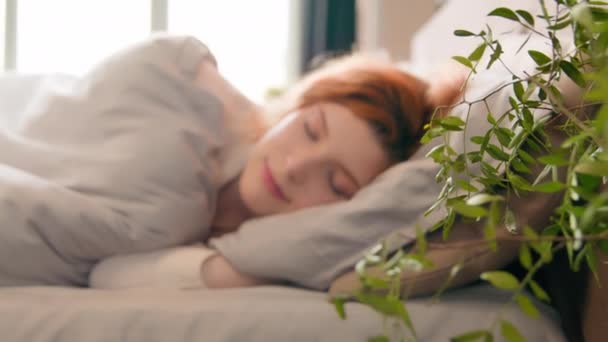 Närbild Kaukasiska Flicka Sova Tupplur Sömnig Vacker Kvinna Vakna Liggande — Stockvideo