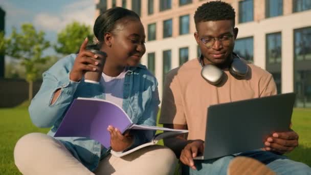 Два Друга Афроамериканские Этнические Студенты Учатся Вместе Парке Смеясь Разговаривая — стоковое видео