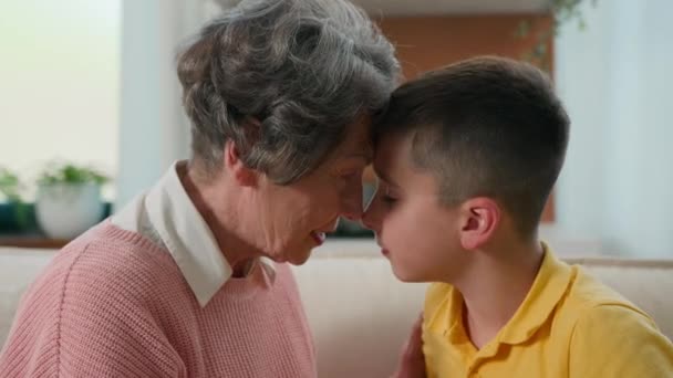 Kochający Opiekuńczy Kaukaski Babcia Przytula Wnuk Wyrażając Czułość Babcia Rozmawiać — Wideo stockowe